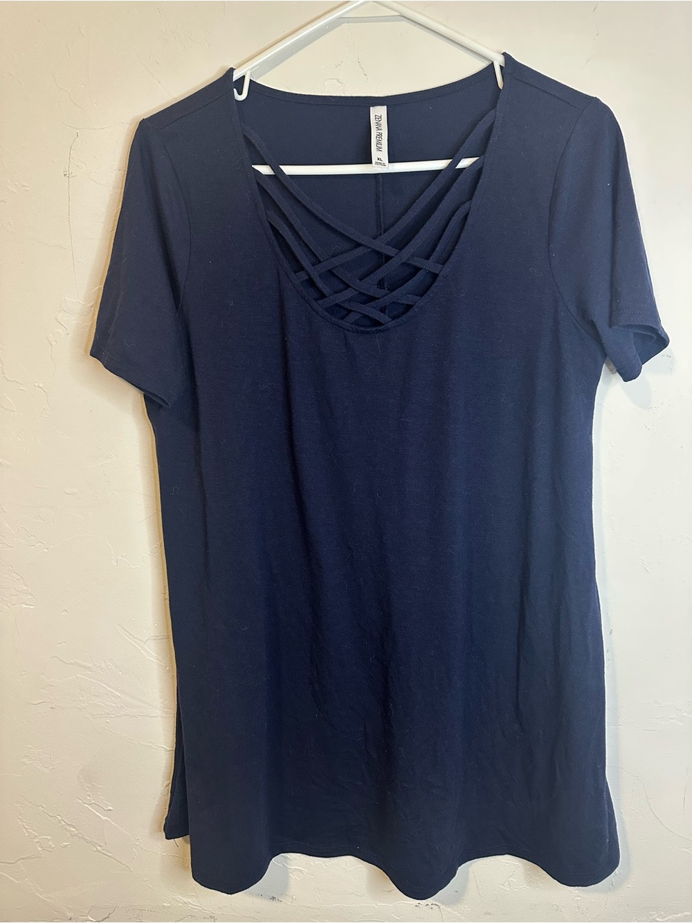 Zenana Outfitters Navy Crisscross Scoop Neck Short Sleeve Top